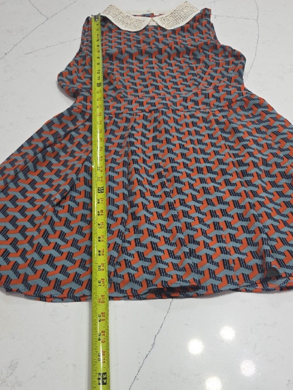 Geo-Print Sleeveless Mini Dress with Contrast Peter Pan Collar - Rust & Blue SzM - Picture 8 of 11